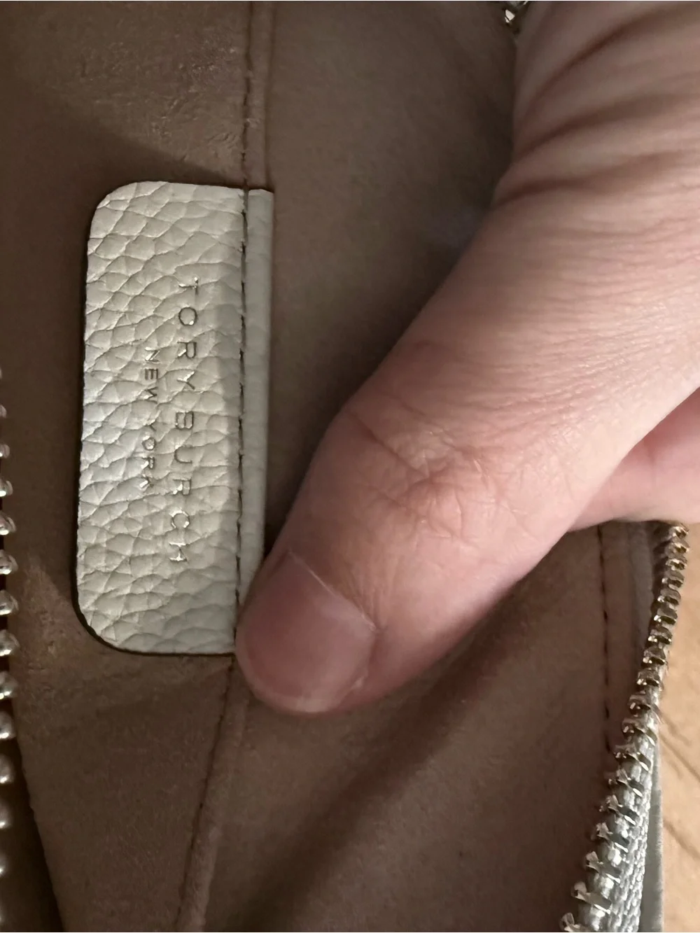 Tory Burch Pebbled Light Gray Leather Camera Crossbody with Patterned Logo Strap